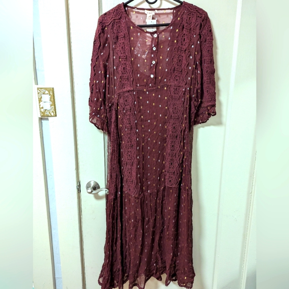Sundance Boho sheer dress with slip maroon size 10, 12